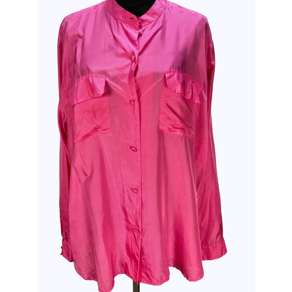 Women's Denim & Co. Large Hot Pink 100% Silk Band Collar Button Down Blouse